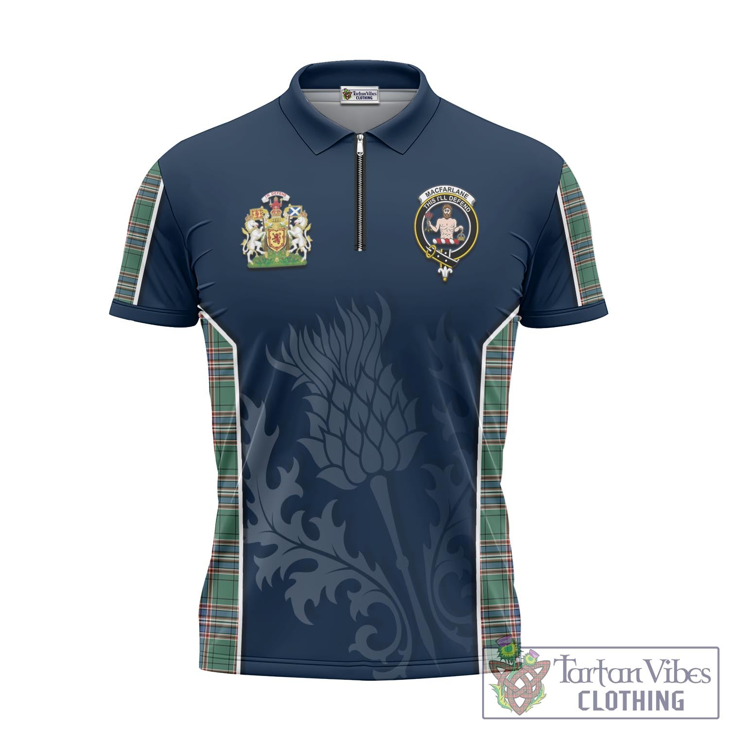 Tartan Vibes Clothing MacFarlane Hunting Ancient Tartan Zipper Polo Shirt with Family Crest and Scottish Thistle Vibes Sport Style