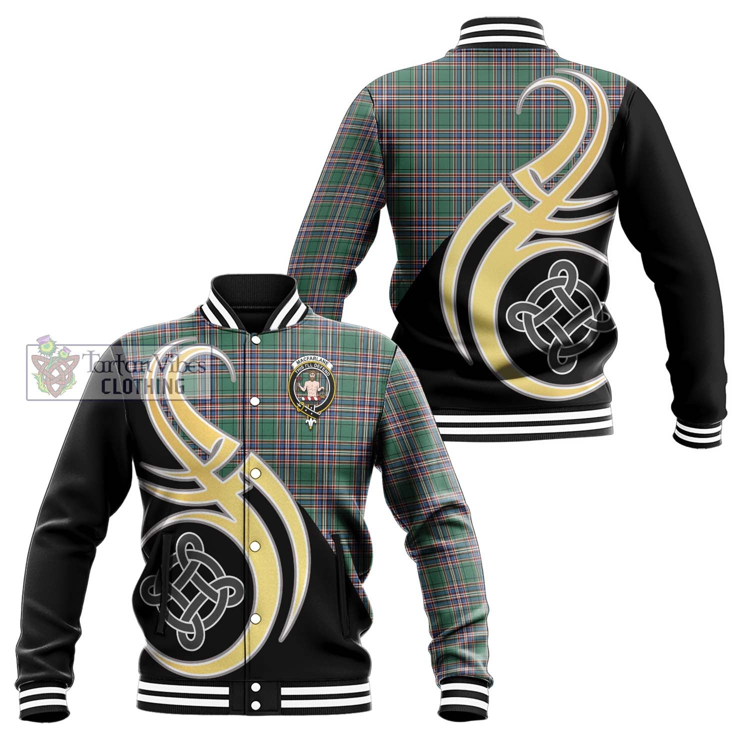 MacFarlane Hunting Ancient Tartan Baseball Jacket with Family Crest and Celtic Symbol Style Unisex - Tartan Vibes Clothing