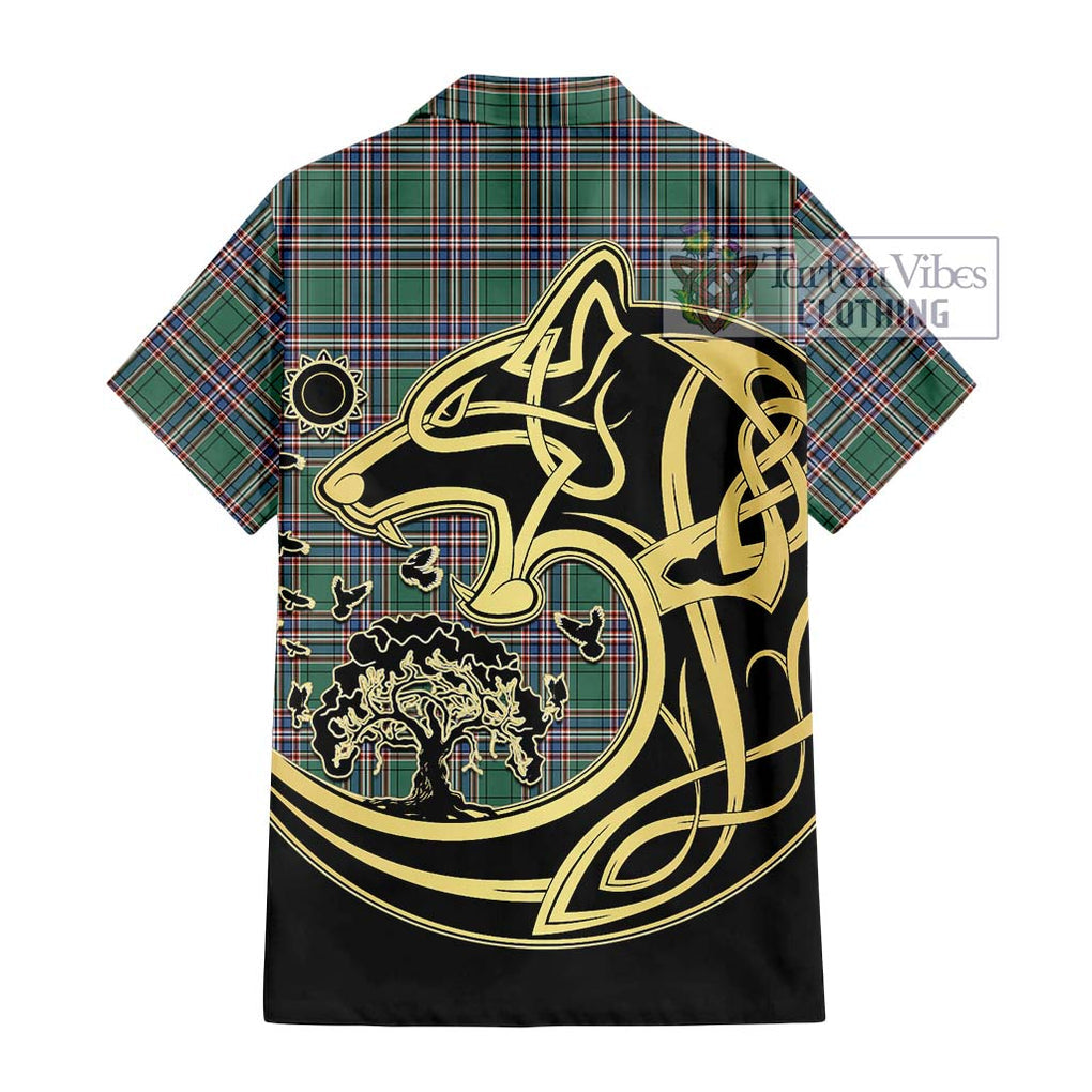 MacFarlane Hunting Ancient Tartan Short Sleeve Button Shirt with Family Crest Celtic Wolf Style - Tartan Vibes Clothing