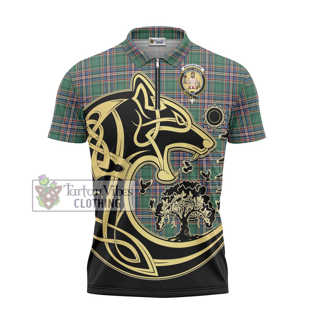 MacFarlane Hunting Ancient Tartan Zipper Polo Shirt with Family Crest Celtic Wolf Style - Tartanvibesclothing Shop