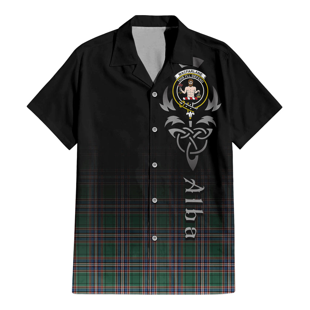 Tartan Vibes Clothing MacFarlane Hunting Ancient Tartan Short Sleeve Button Up Featuring Alba Gu Brath Family Crest Celtic Inspired