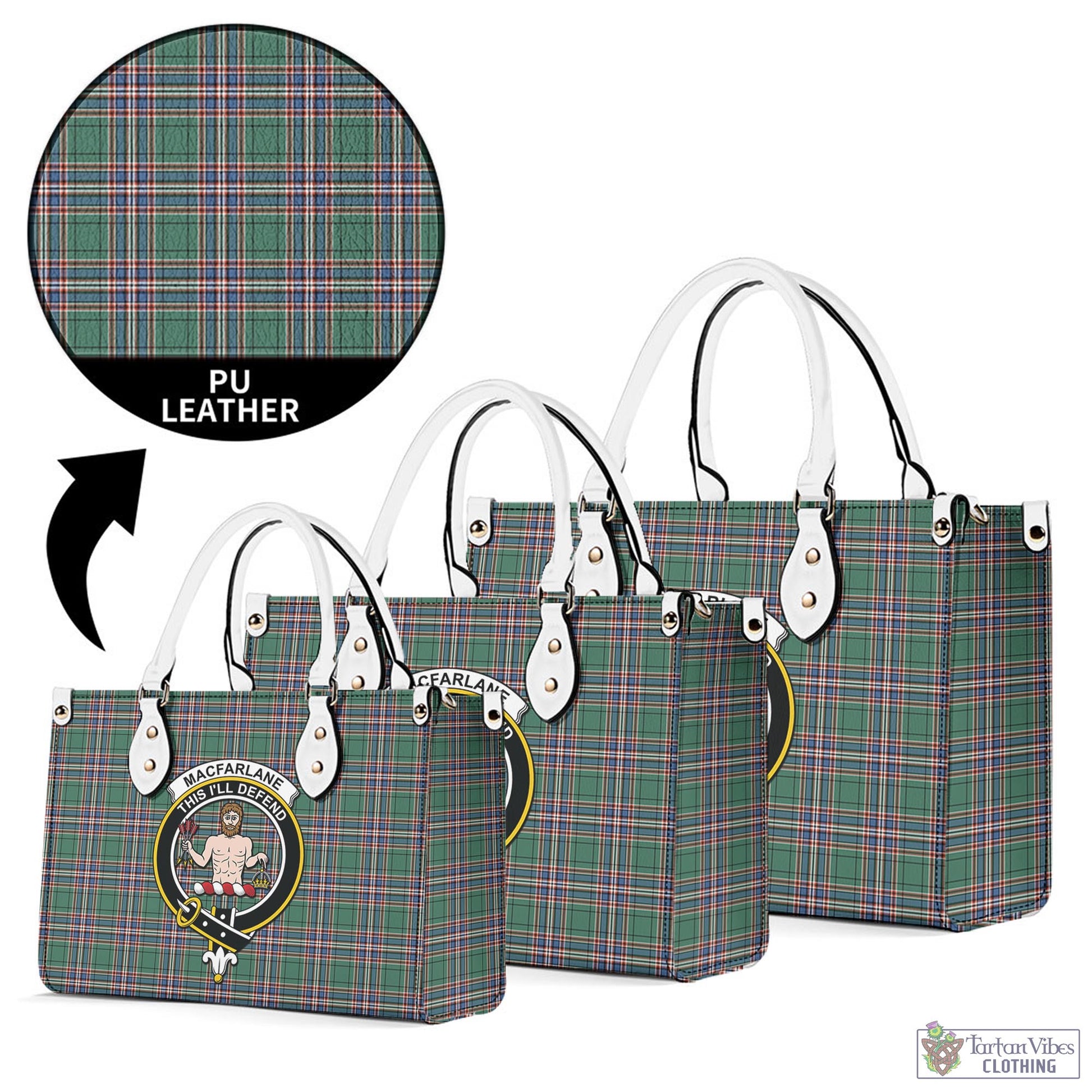 Tartan Vibes Clothing MacFarlane Hunting Ancient Tartan Luxury Leather Handbags with Family Crest