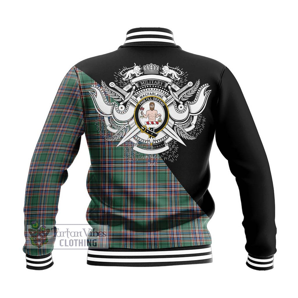 MacFarlane Hunting Ancient Tartan Baseball Jacket with Family Crest and Military Logo Style - Tartanvibesclothing Shop