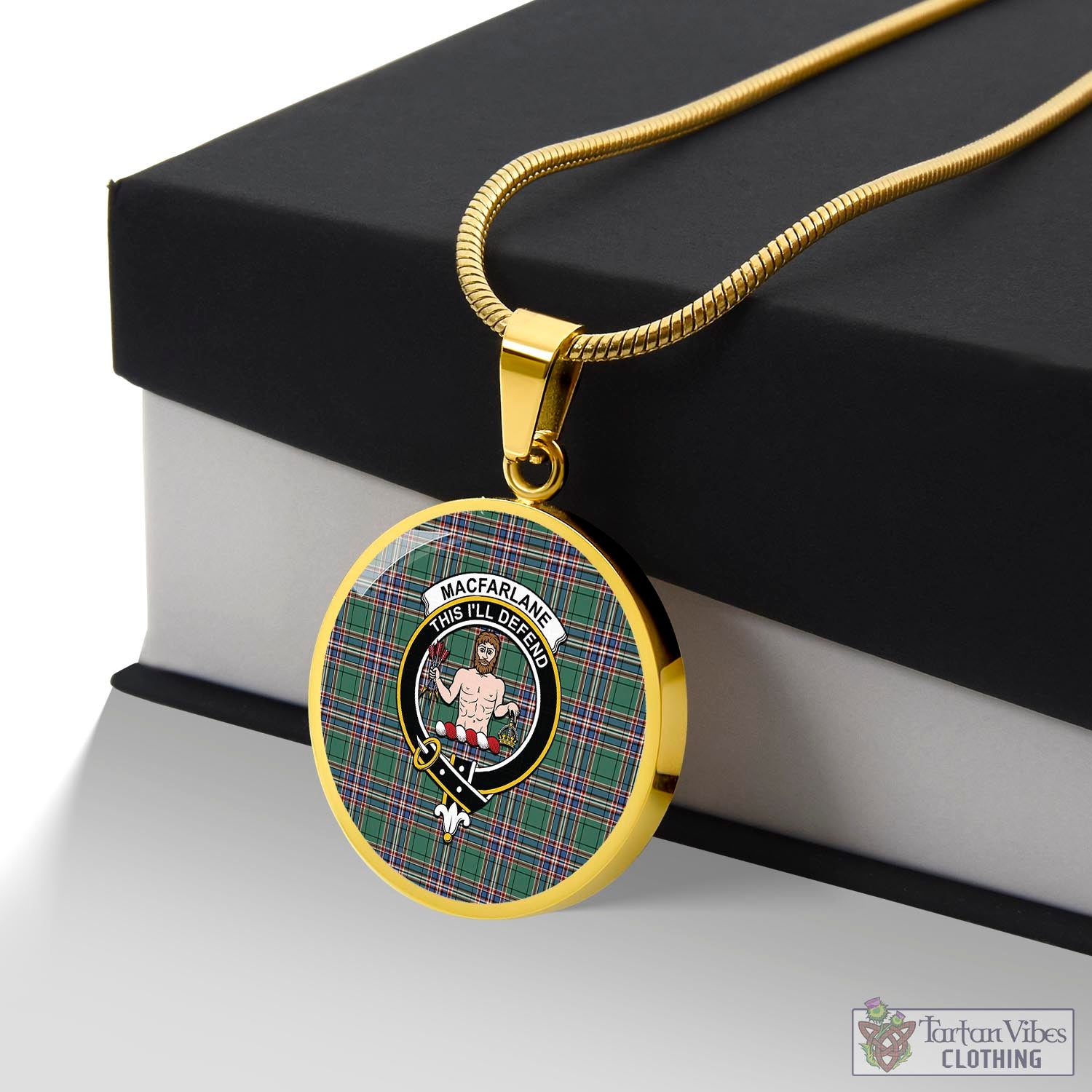 Tartan Vibes Clothing MacFarlane Hunting Ancient Tartan Circle Necklace with Family Crest