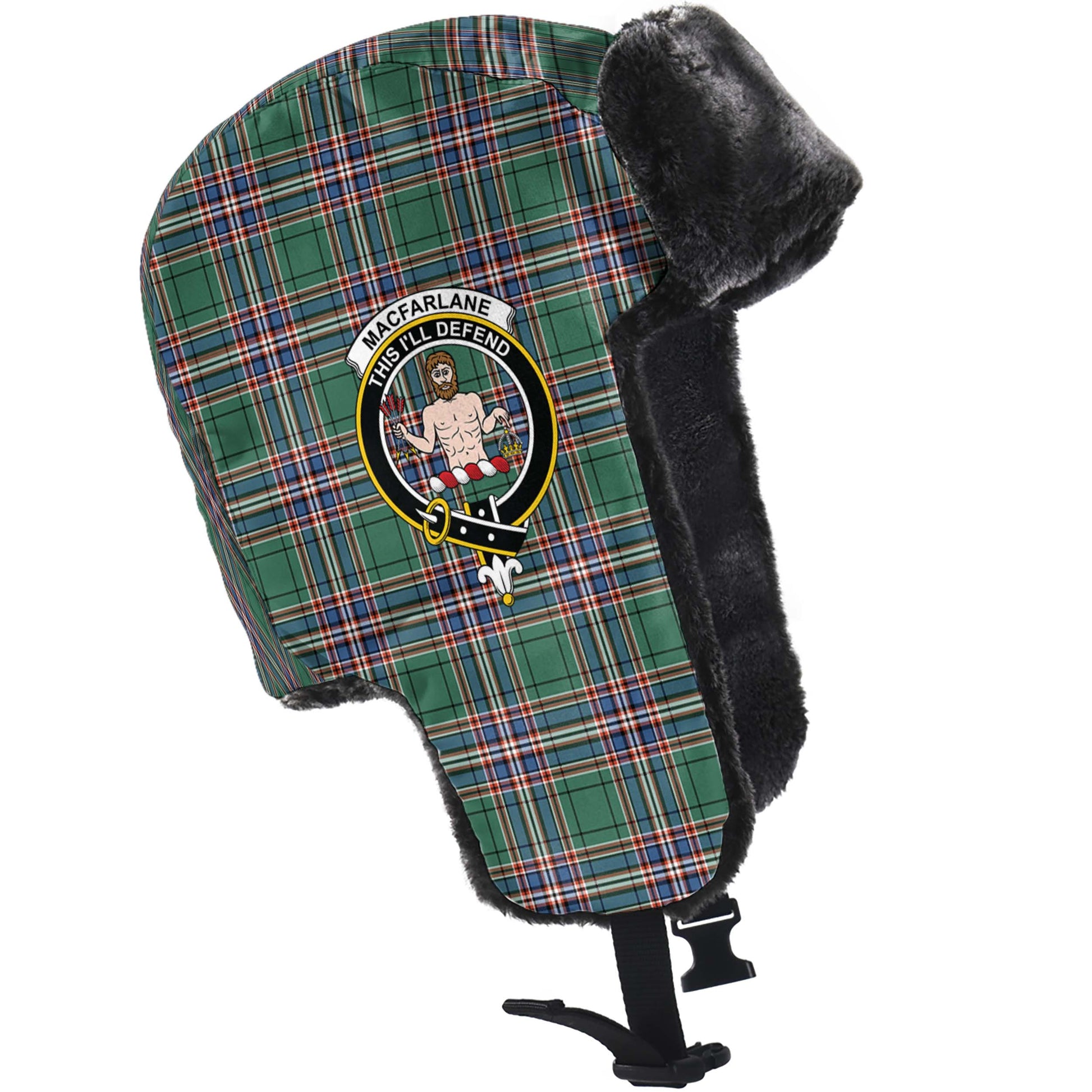 MacFarlane Hunting Ancient Tartan Winter Trapper Hat with Family Crest - Tartanvibesclothing