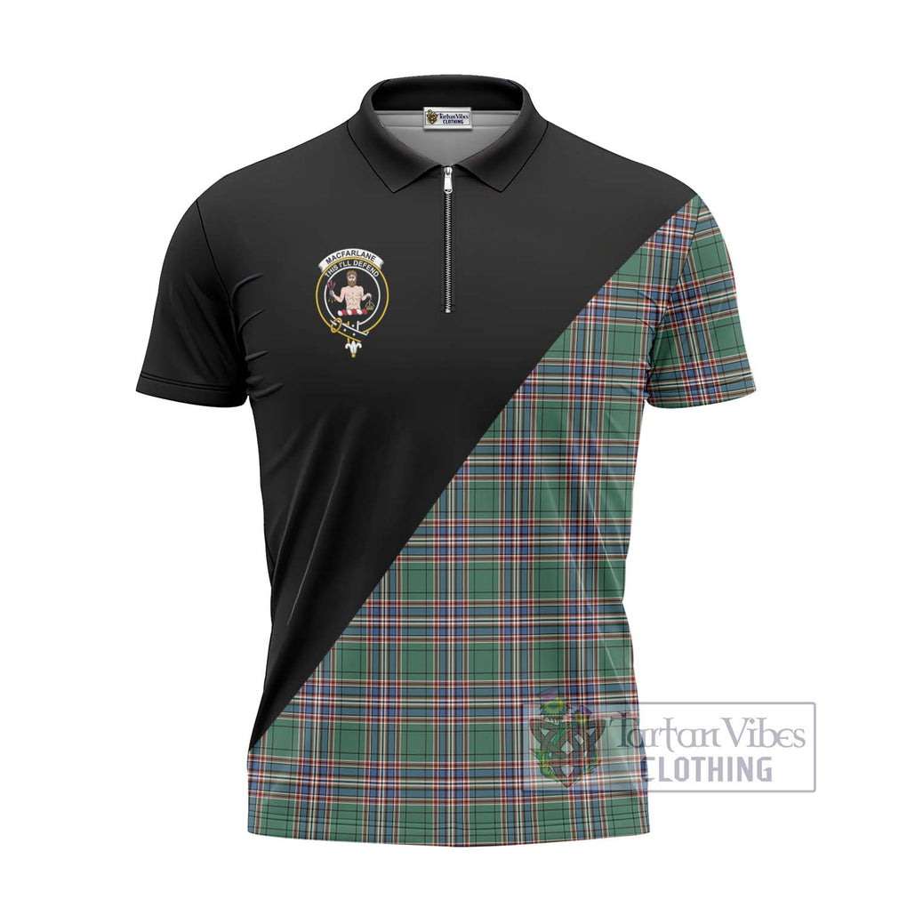 MacFarlane Hunting Ancient Tartan Zipper Polo Shirt with Family Crest and Military Logo Style - Tartanvibesclothing Shop