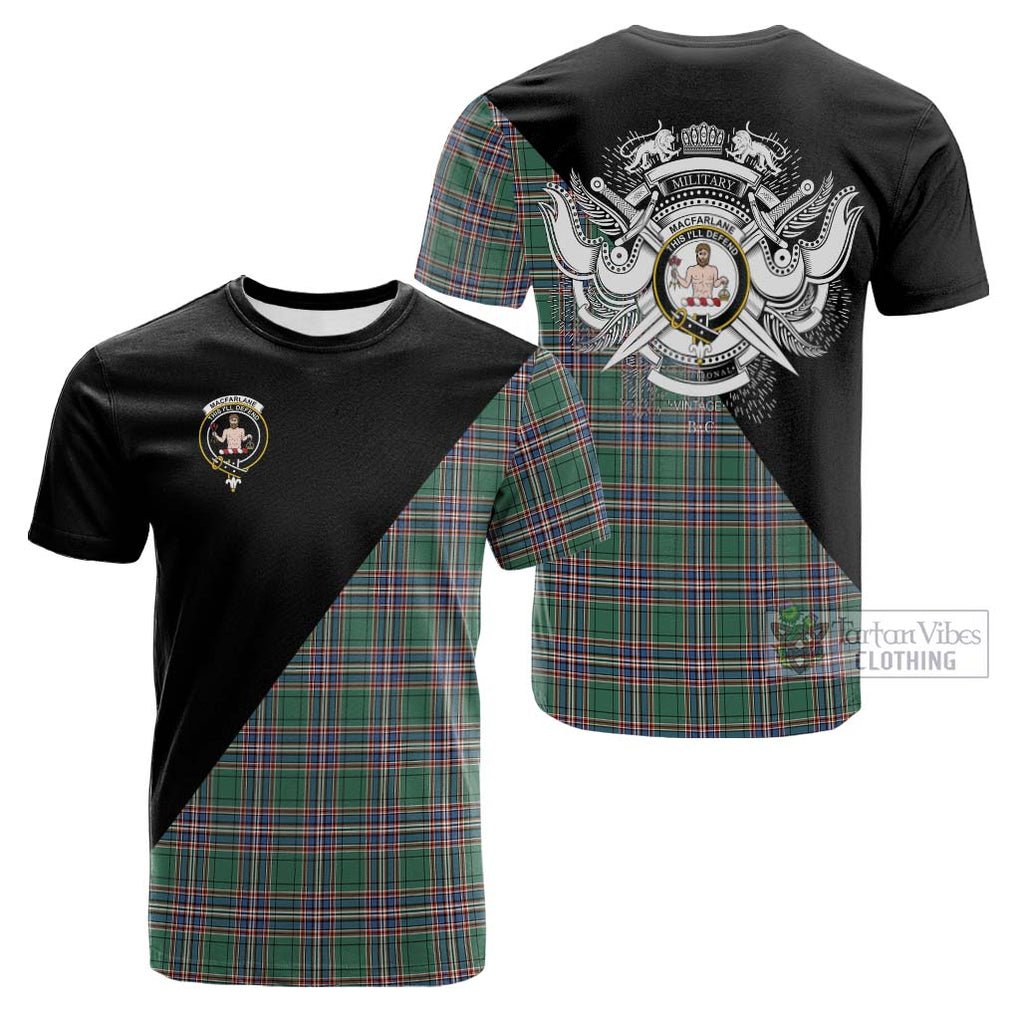 Tartan Vibes Clothing MacFarlane Hunting Ancient Tartan Cotton T-shirt with Family Crest and Military Logo Style