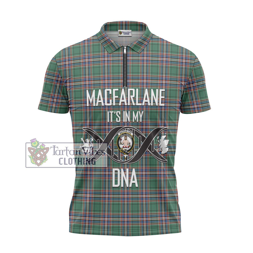 MacFarlane Hunting Ancient Tartan Zipper Polo Shirt with Family Crest DNA In Me Style - Tartanvibesclothing Shop