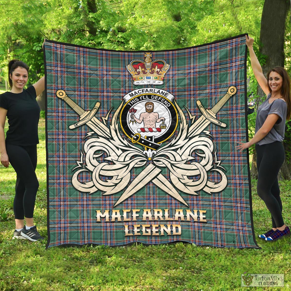 Tartan Vibes Clothing MacFarlane Hunting Ancient Tartan Quilt with Clan Crest and the Golden Sword of Courageous Legacy