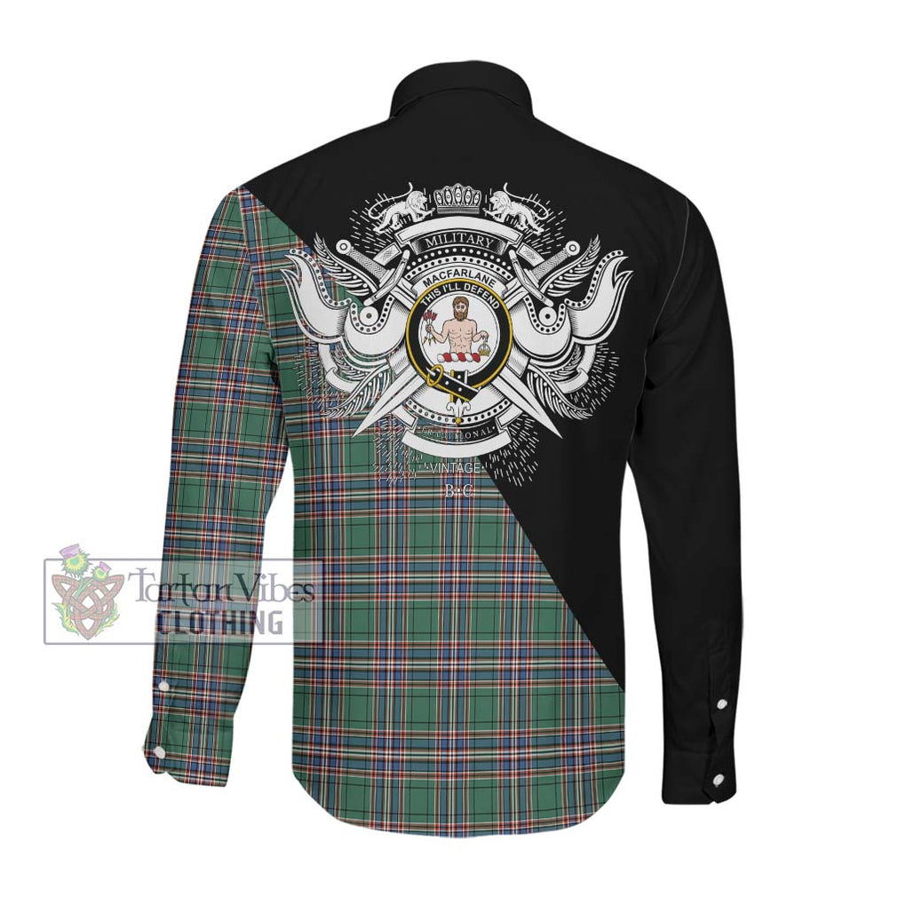 MacFarlane Hunting Ancient Tartan Long Sleeve Button Shirt with Family Crest and Military Logo Style Men's Shirt - Tartanvibesclothing Shop