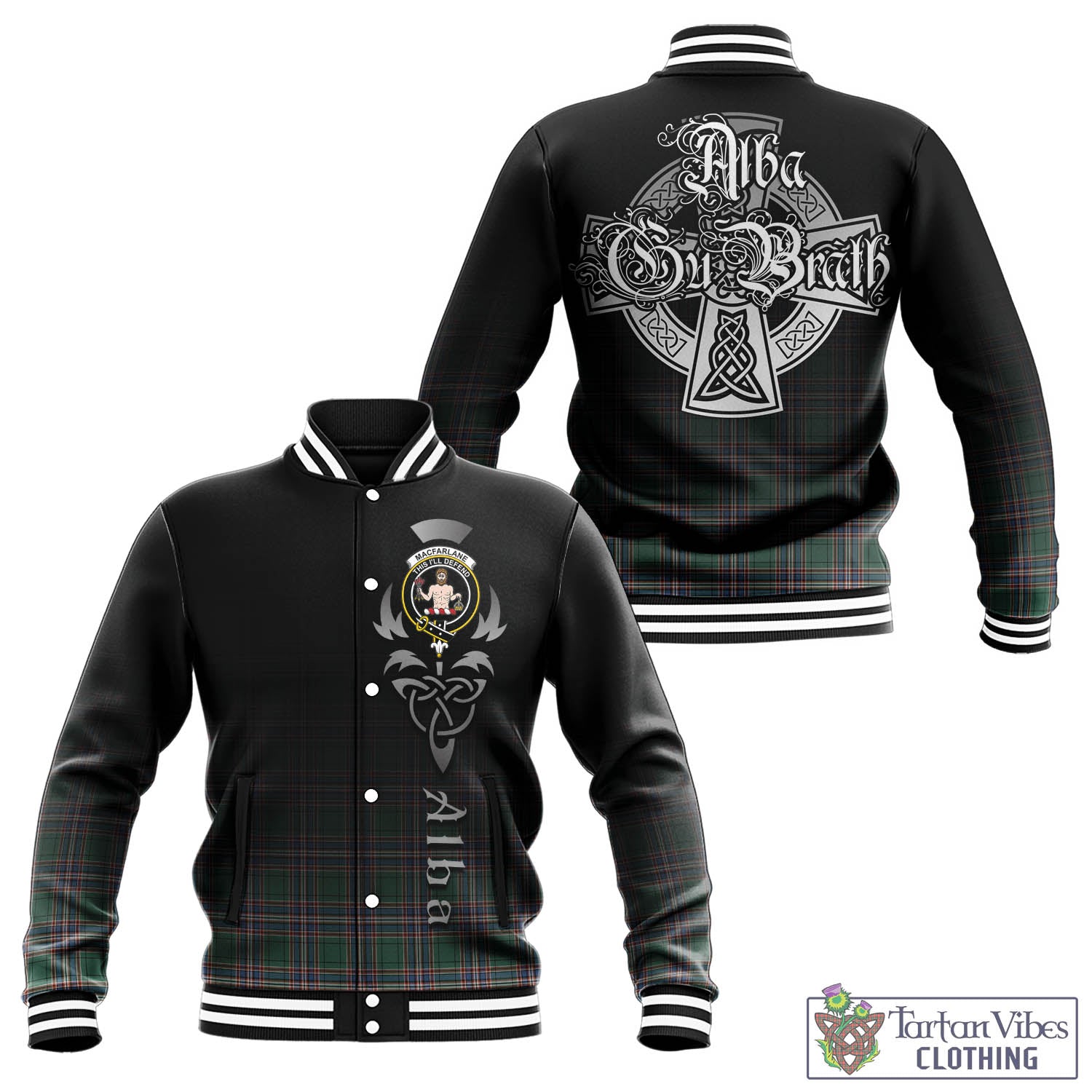 Tartan Vibes Clothing MacFarlane Hunting Ancient Tartan Baseball Jacket Featuring Alba Gu Brath Family Crest Celtic Inspired