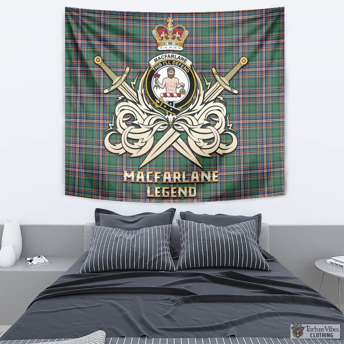 Tartan Vibes Clothing MacFarlane Hunting Ancient Tartan Tapestry with Clan Crest and the Golden Sword of Courageous Legacy