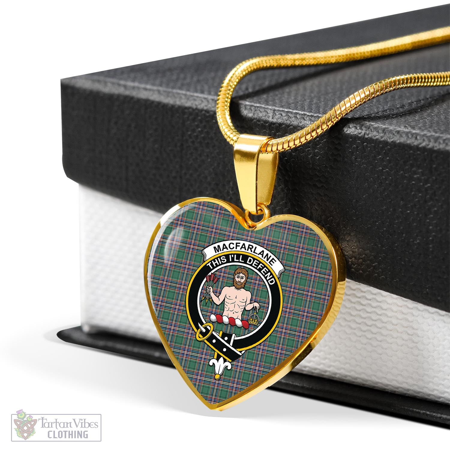 Tartan Vibes Clothing MacFarlane Hunting Ancient Tartan Heart Necklace with Family Crest