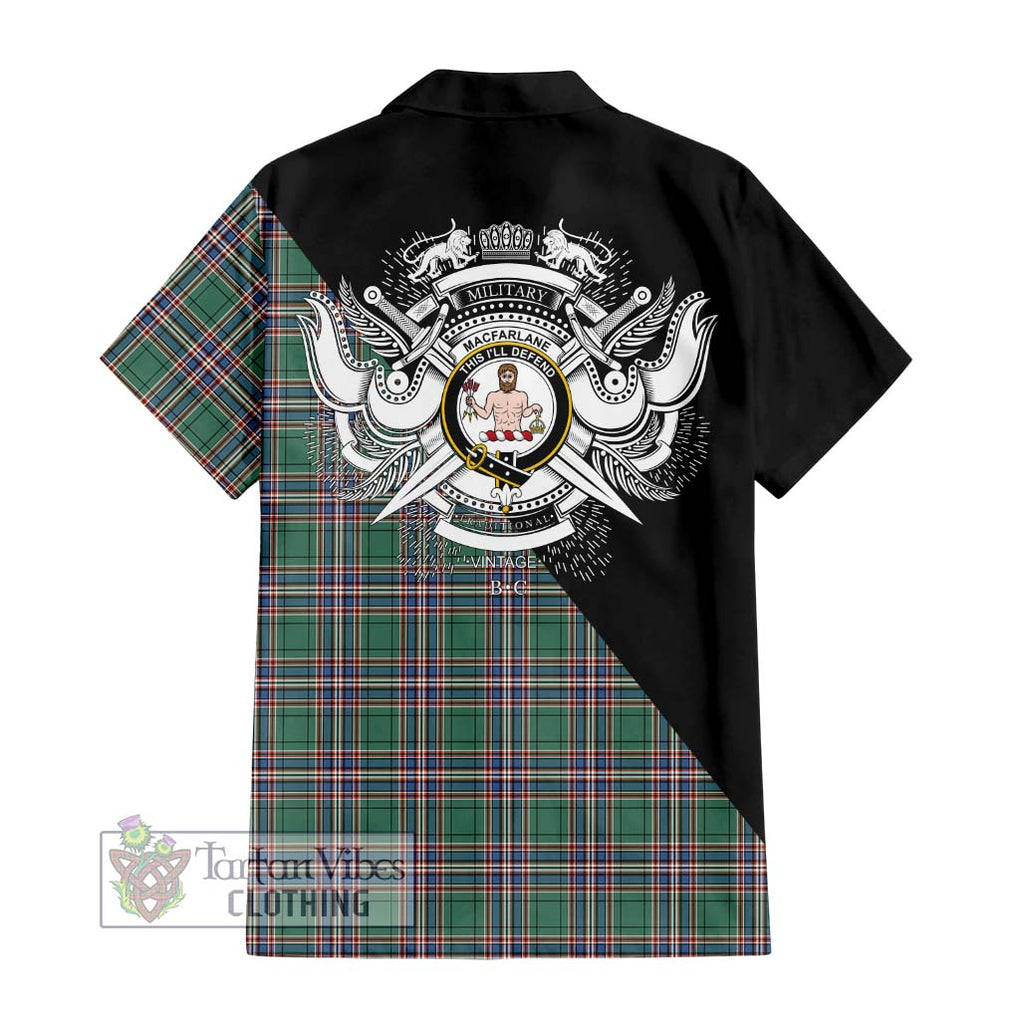 MacFarlane Hunting Ancient Tartan Short Sleeve Button Shirt with Family Crest and Military Logo Style - Tartanvibesclothing Shop