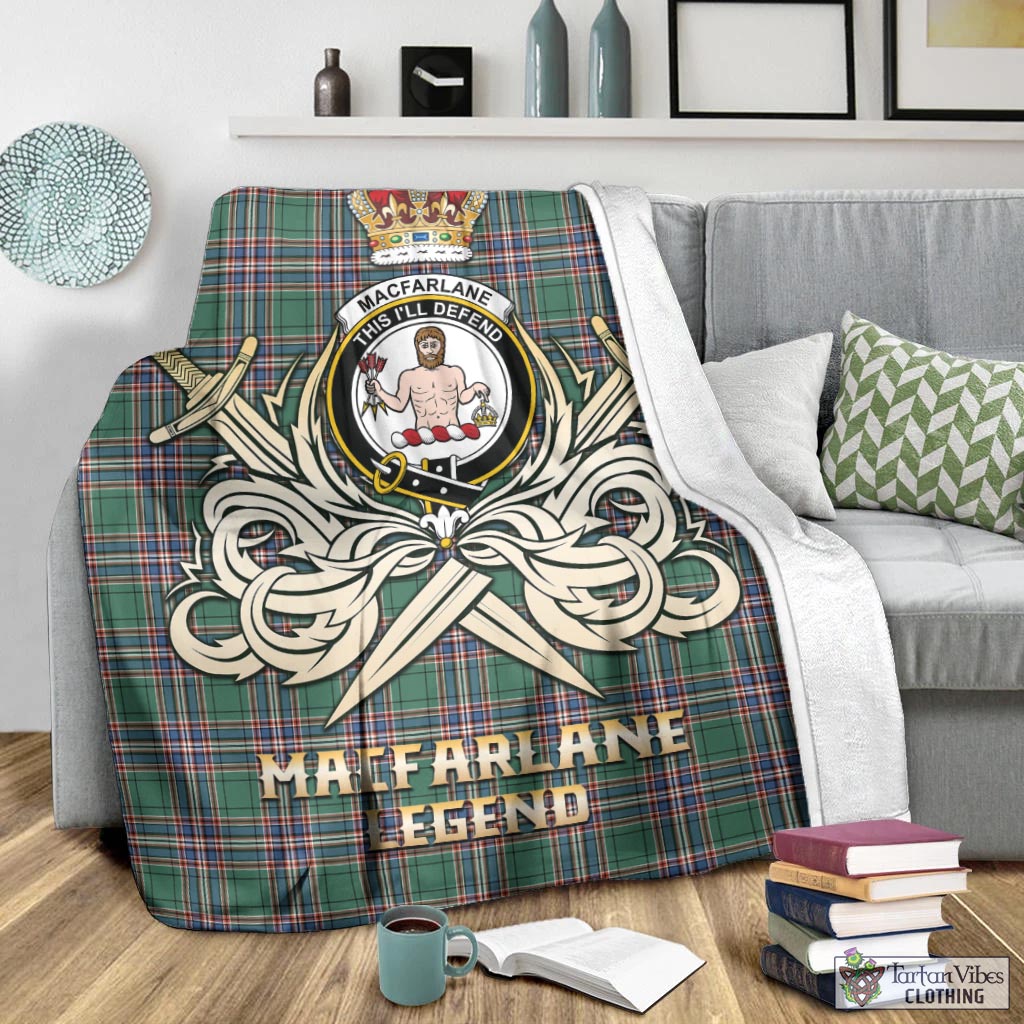 Tartan Vibes Clothing MacFarlane Hunting Ancient Tartan Blanket with Clan Crest and the Golden Sword of Courageous Legacy