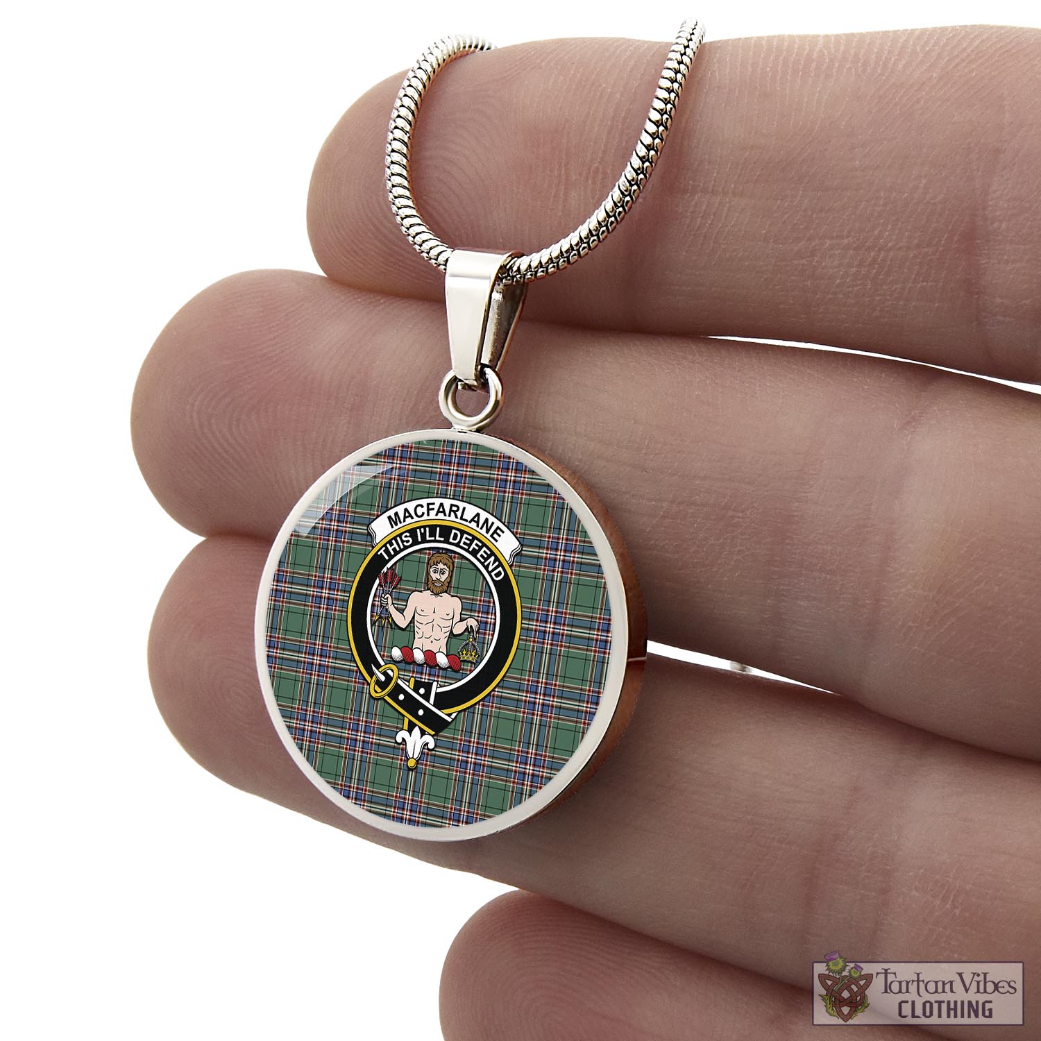 Tartan Vibes Clothing MacFarlane Hunting Ancient Tartan Circle Necklace with Family Crest