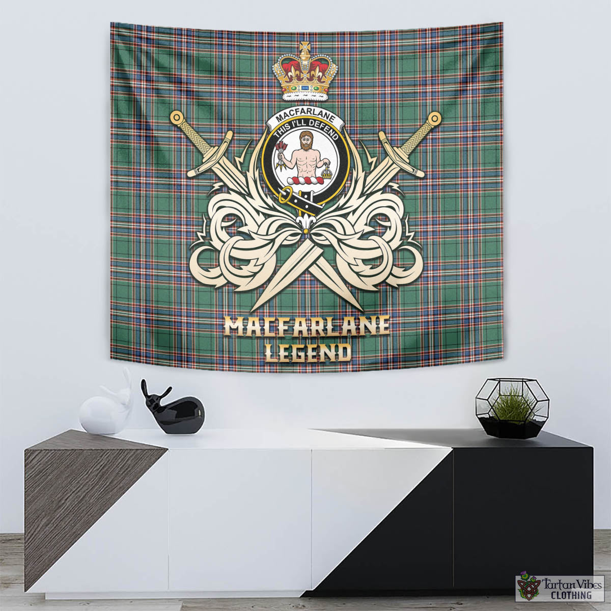 Tartan Vibes Clothing MacFarlane Hunting Ancient Tartan Tapestry with Clan Crest and the Golden Sword of Courageous Legacy