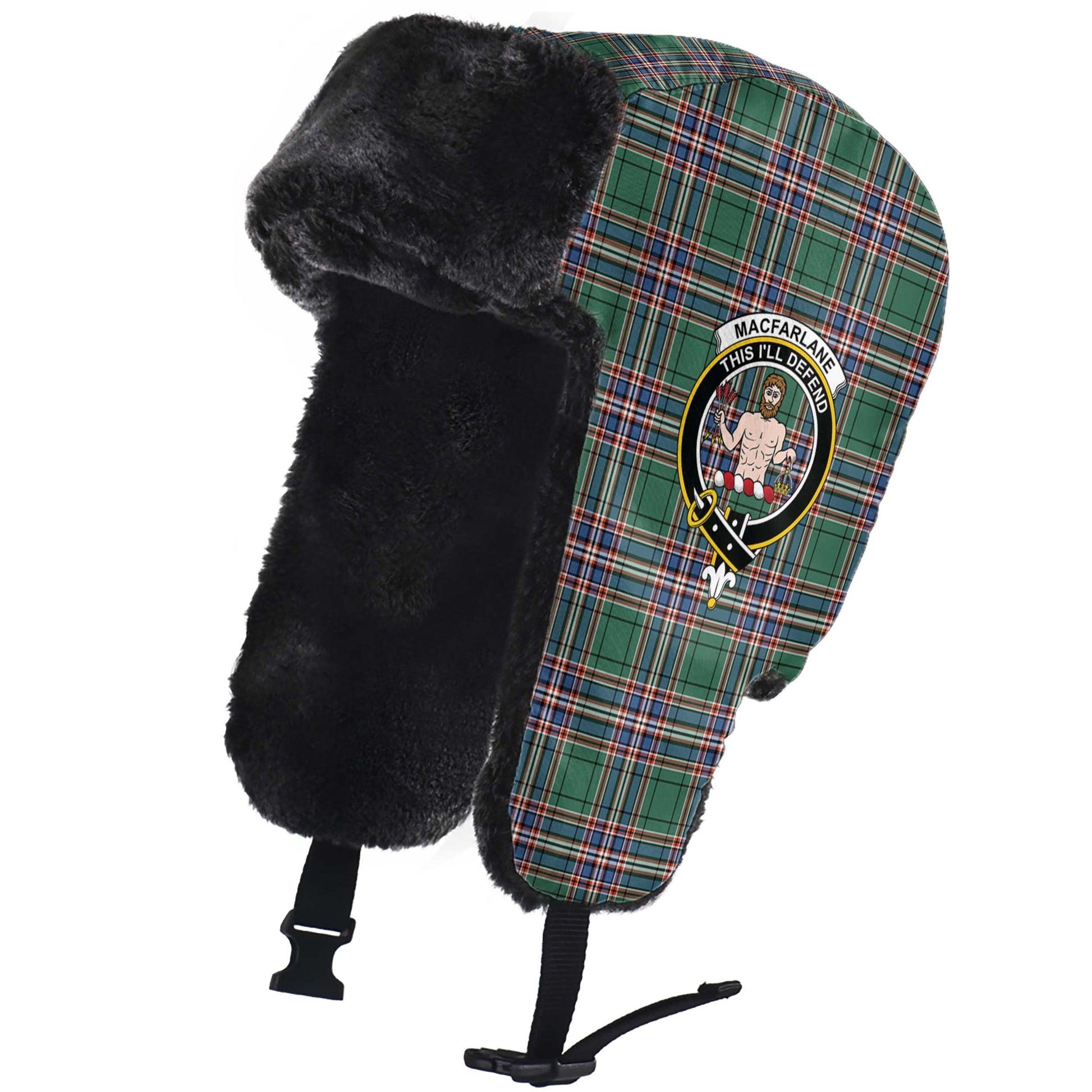 MacFarlane Hunting Ancient Tartan Winter Trapper Hat with Family Crest - Tartanvibesclothing