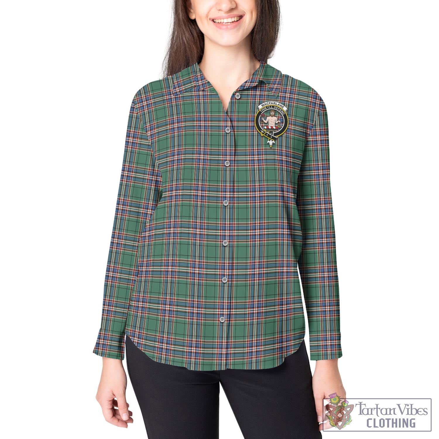 Tartan Vibes Clothing MacFarlane Hunting Ancient Tartan Womens Casual Shirt with Family Crest