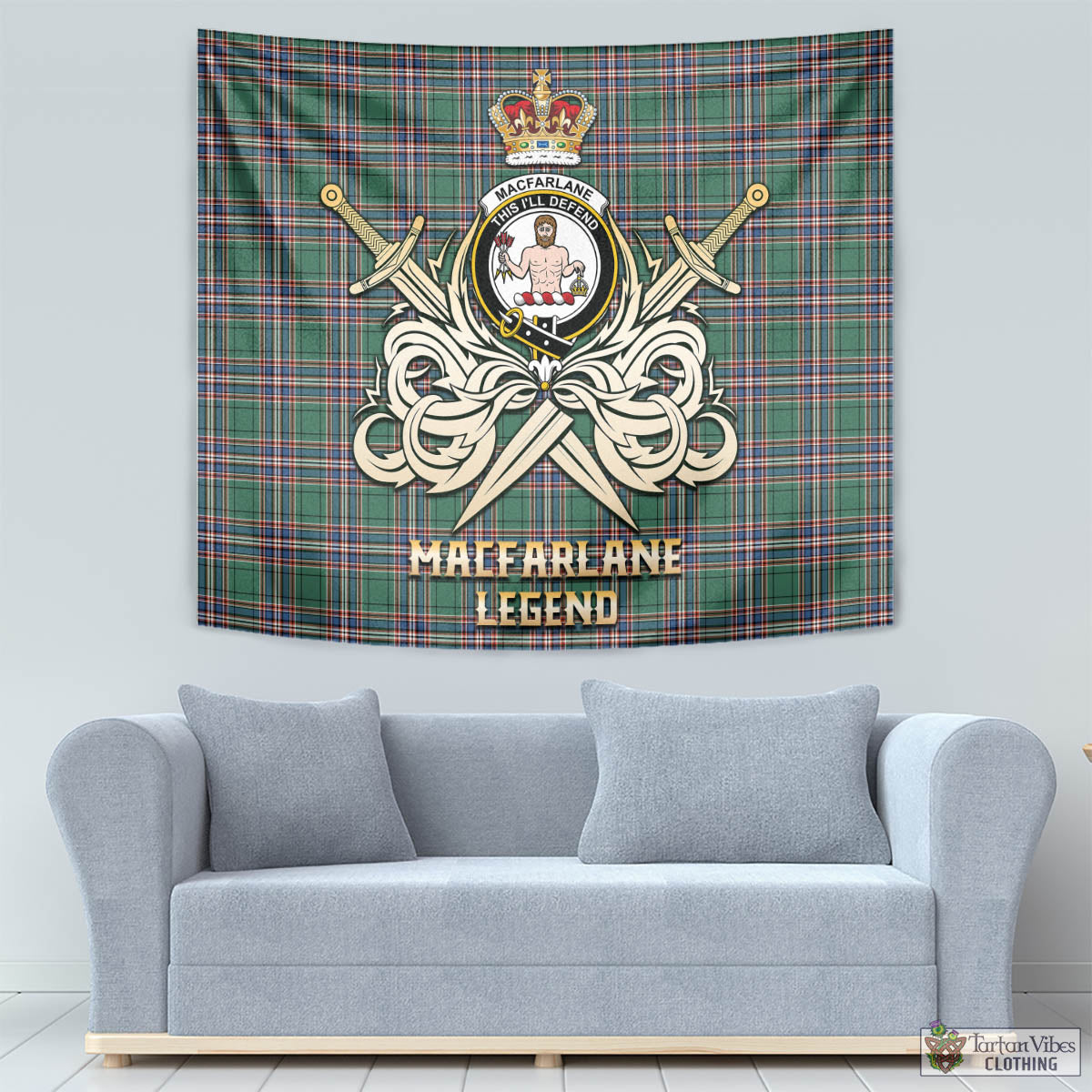 Tartan Vibes Clothing MacFarlane Hunting Ancient Tartan Tapestry with Clan Crest and the Golden Sword of Courageous Legacy