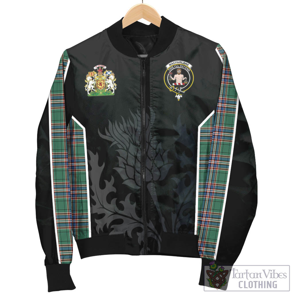 Tartan Vibes Clothing MacFarlane Hunting Ancient Tartan Bomber Jacket with Family Crest and Scottish Thistle Vibes Sport Style