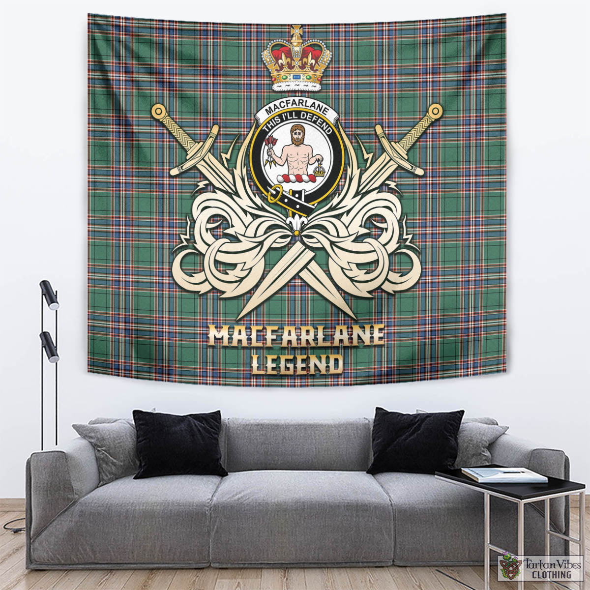 Tartan Vibes Clothing MacFarlane Hunting Ancient Tartan Tapestry with Clan Crest and the Golden Sword of Courageous Legacy