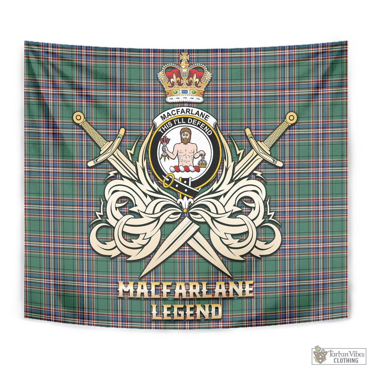 Tartan Vibes Clothing MacFarlane Hunting Ancient Tartan Tapestry with Clan Crest and the Golden Sword of Courageous Legacy