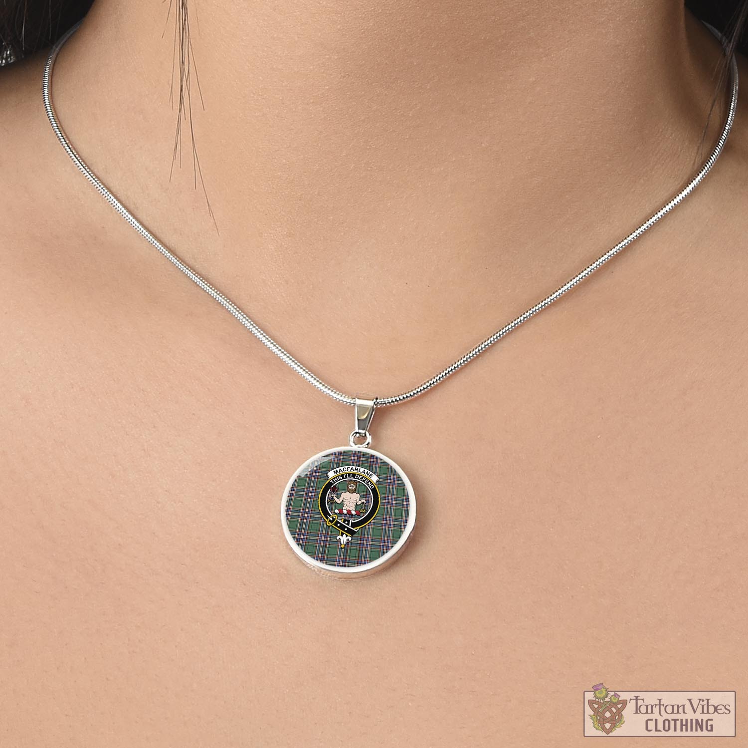 Tartan Vibes Clothing MacFarlane Hunting Ancient Tartan Circle Necklace with Family Crest