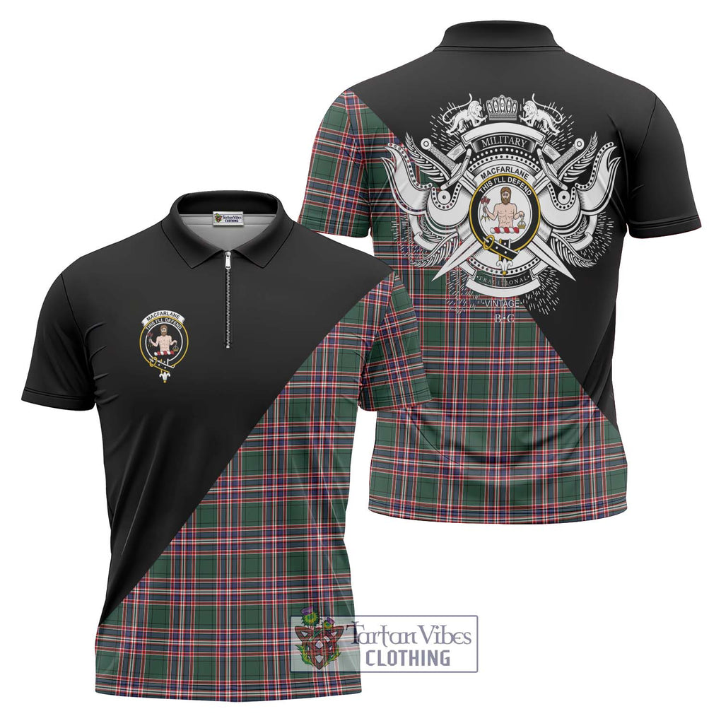 MacFarlane Hunting Modern Tartan Zipper Polo Shirt with Family Crest and Military Logo Style Unisex - Tartanvibesclothing Shop