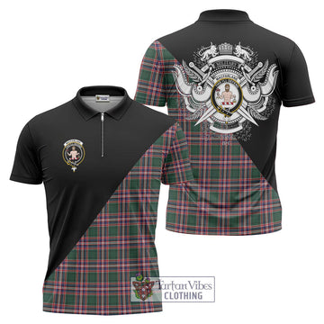 MacFarlane Hunting Modern Tartan Zipper Polo Shirt with Family Crest and Military Logo Style