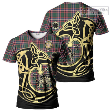 MacFarlane Hunting Modern Tartan T-Shirt with Family Crest Celtic Wolf Style