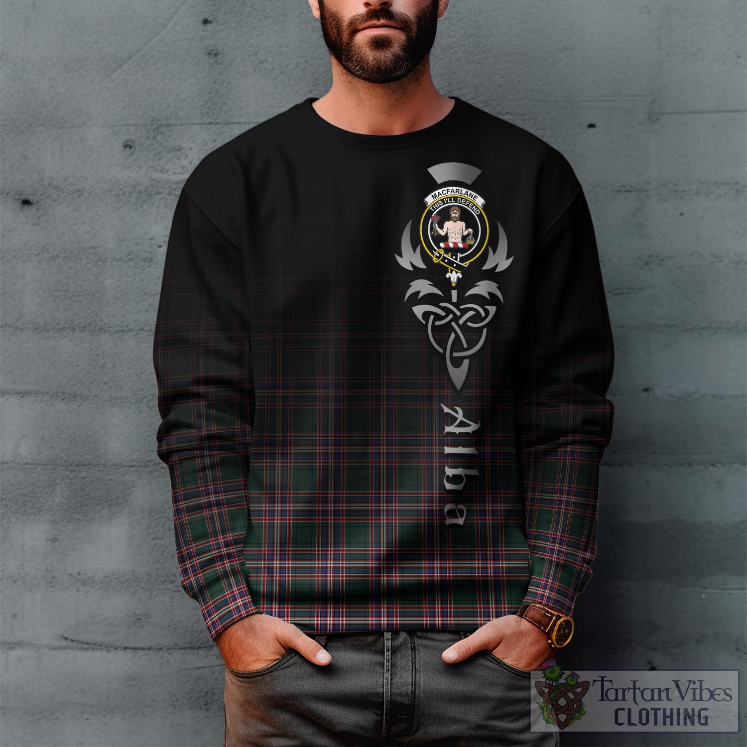 Tartan Vibes Clothing MacFarlane Hunting Modern Tartan Sweatshirt Featuring Alba Gu Brath Family Crest Celtic Inspired