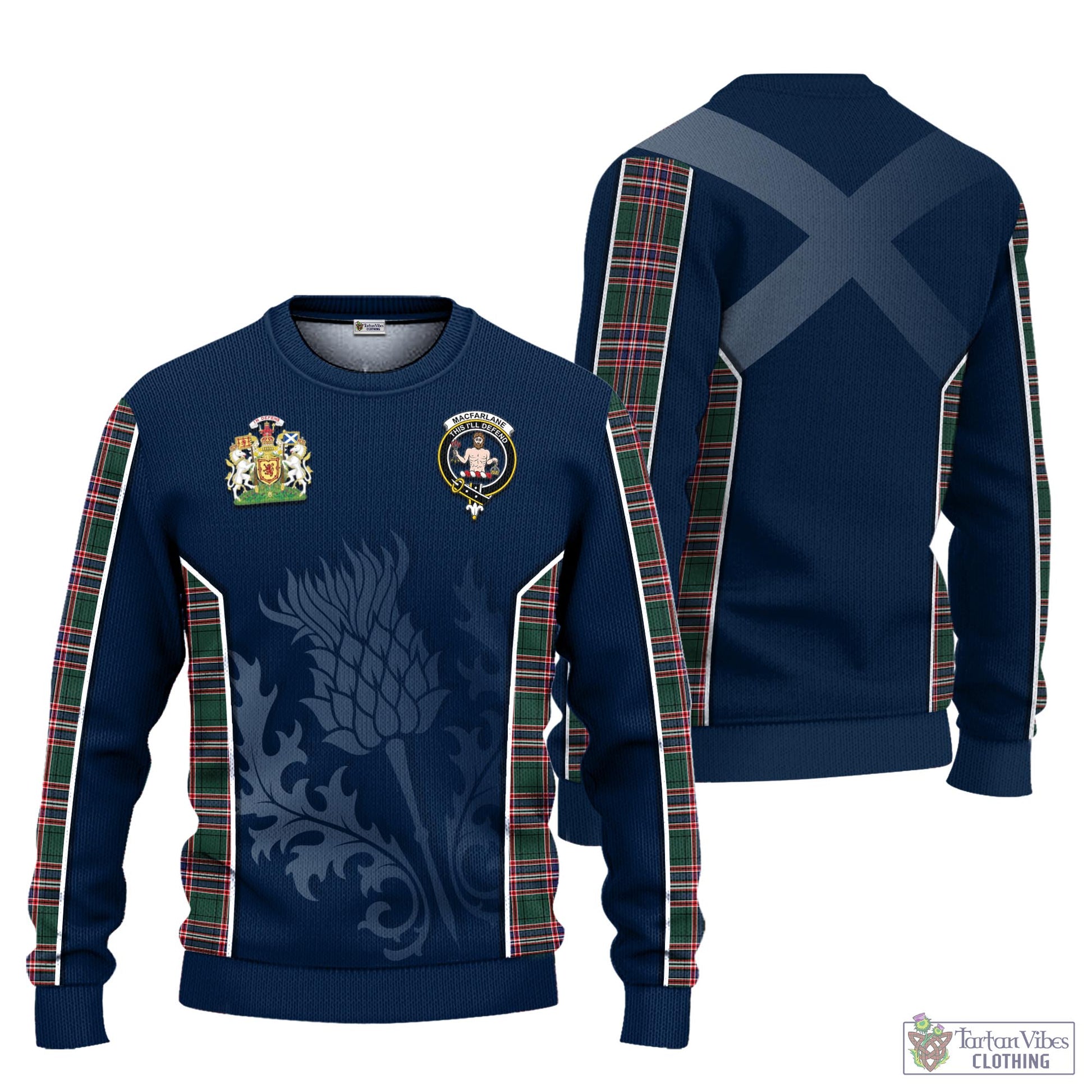 Tartan Vibes Clothing MacFarlane Hunting Modern Tartan Knitted Sweatshirt with Family Crest and Scottish Thistle Vibes Sport Style