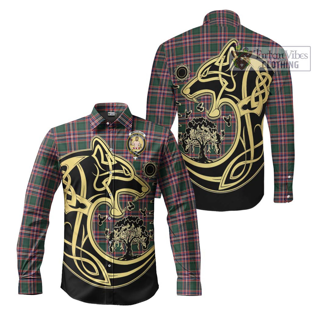 MacFarlane Hunting Modern Tartan Long Sleeve Button Shirt with Family Crest Celtic Wolf Style Men's Shirt S - Tartan Vibes Clothing