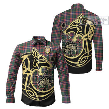 MacFarlane Hunting Modern Tartan Long Sleeve Button Shirt with Family Crest Celtic Wolf Style