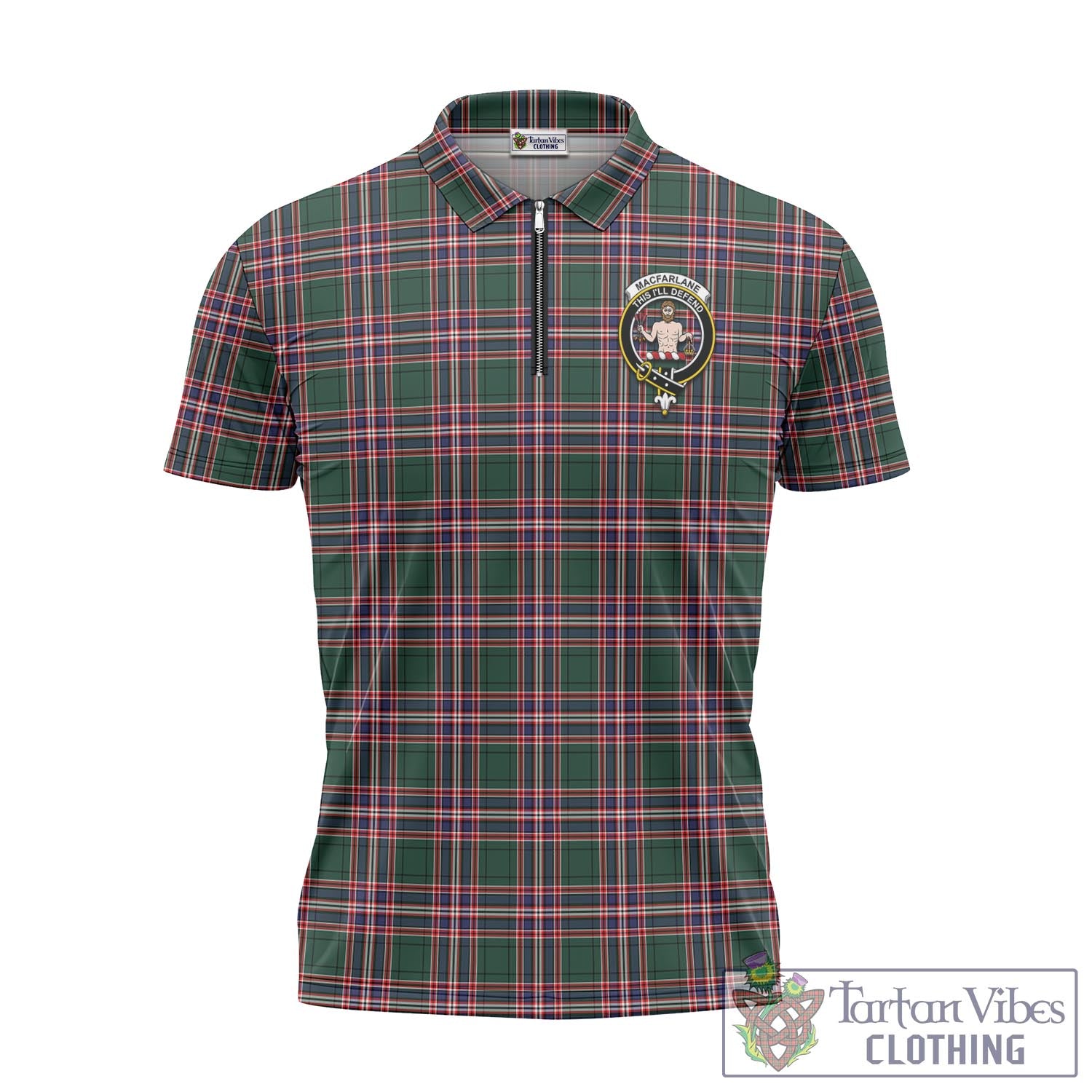 Tartan Vibes Clothing MacFarlane Hunting Modern Tartan Zipper Polo Shirt with Family Crest