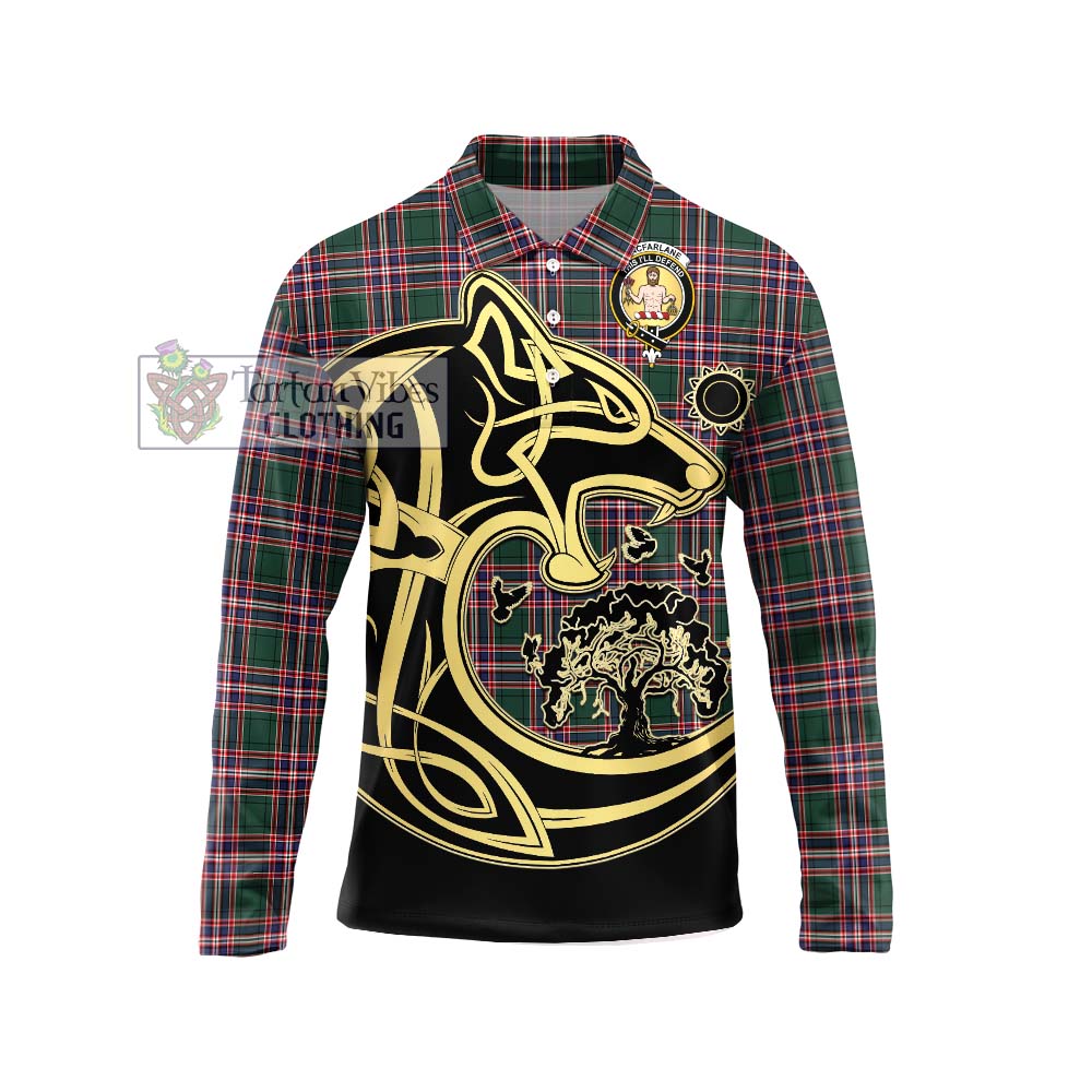 Tartan Vibes Clothing MacFarlane Hunting Modern Tartan Long Sleeve Polo Shirt with Family Crest Celtic Wolf Style