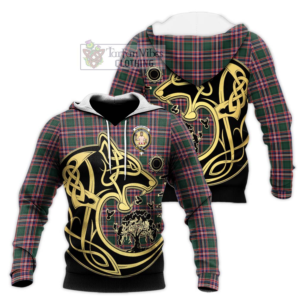 Tartan Vibes Clothing MacFarlane Hunting Modern Tartan Knitted Hoodie with Family Crest Celtic Wolf Style