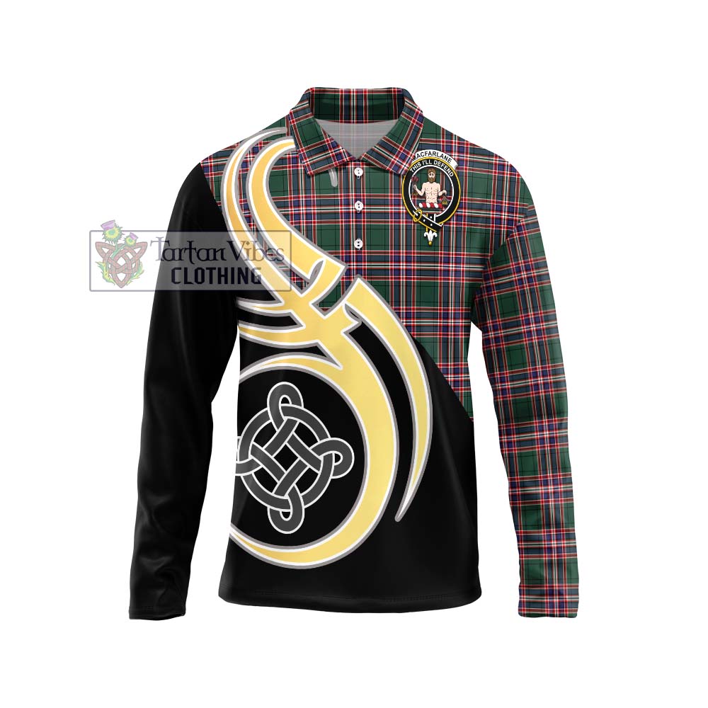 MacFarlane Hunting Modern Tartan Long Sleeve Polo Shirt with Family Crest and Celtic Symbol Style Unisex - Tartan Vibes Clothing