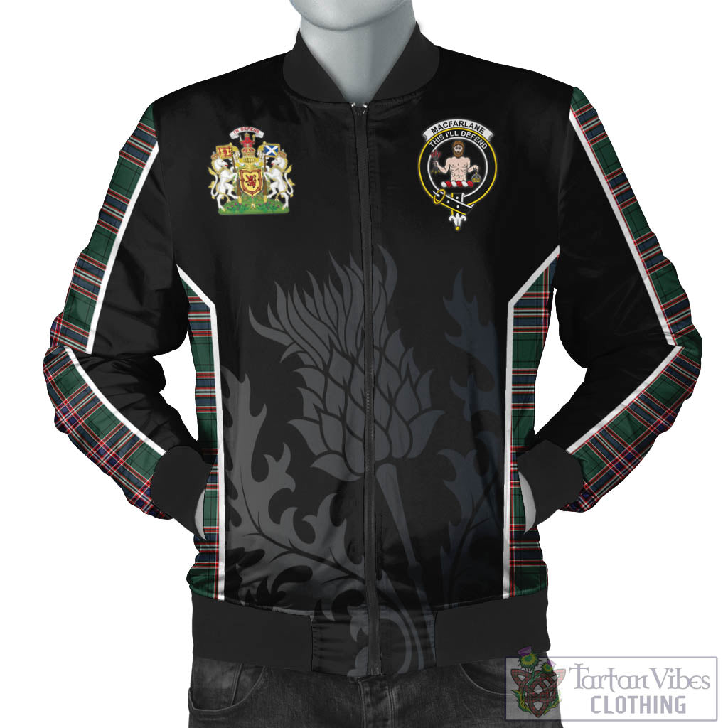 Tartan Vibes Clothing MacFarlane Hunting Modern Tartan Bomber Jacket with Family Crest and Scottish Thistle Vibes Sport Style