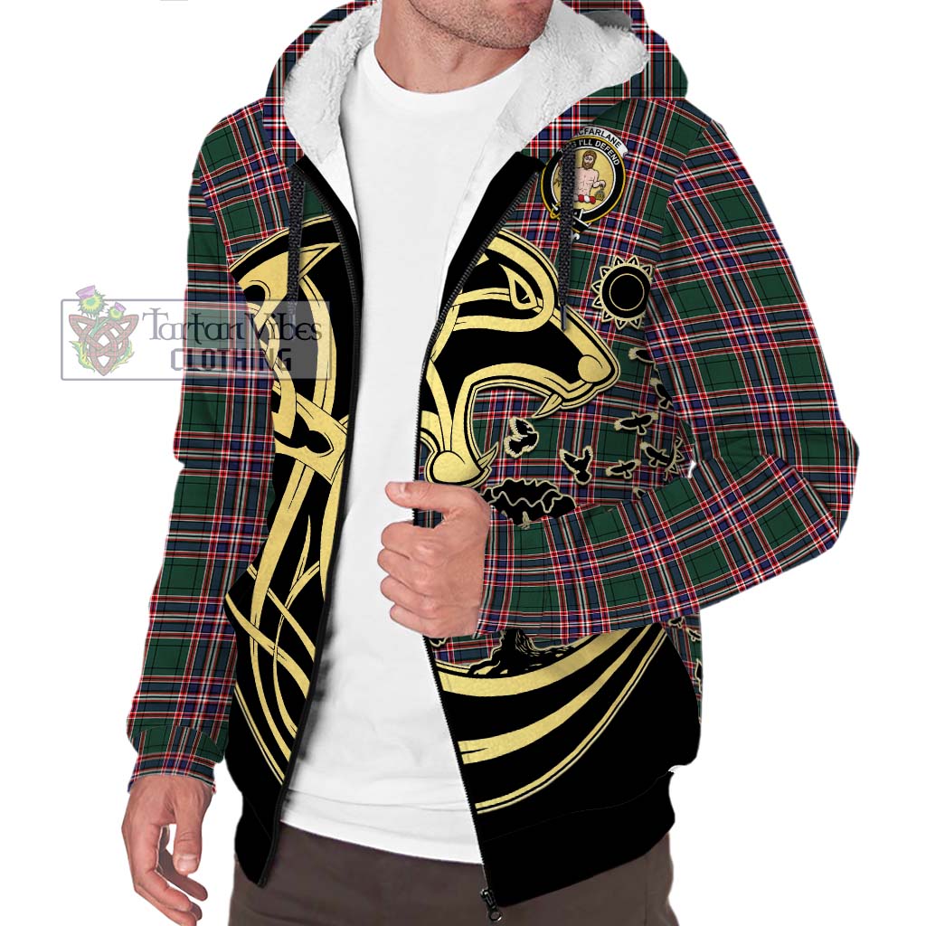 Tartan Vibes Clothing MacFarlane Hunting Modern Tartan Sherpa Hoodie with Family Crest Celtic Wolf Style