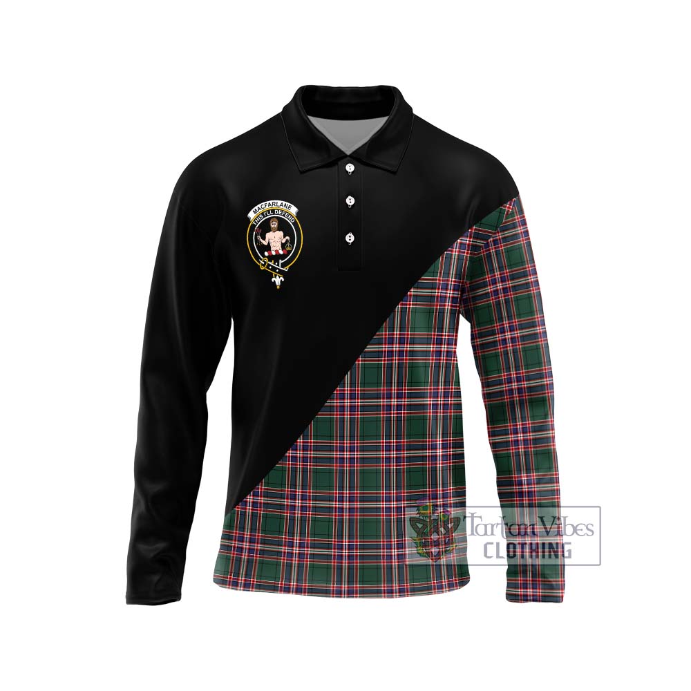 MacFarlane Hunting Modern Tartan Long Sleeve Polo Shirt with Family Crest and Military Logo Style Unisex - Tartanvibesclothing Shop