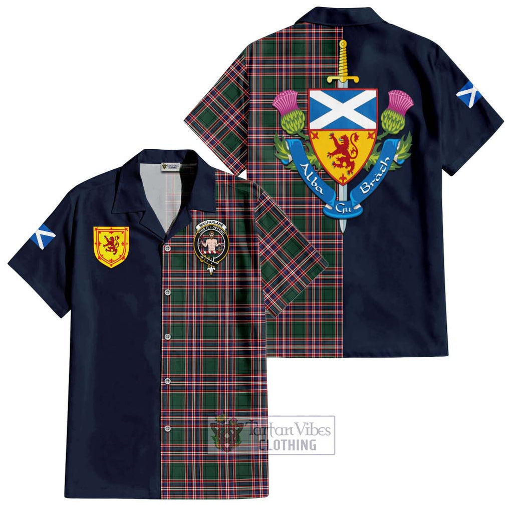 Tartan Vibes Clothing MacFarlane Hunting Modern Tartan Short Sleeve Button Shirt with Scottish Lion Royal Arm Half Style