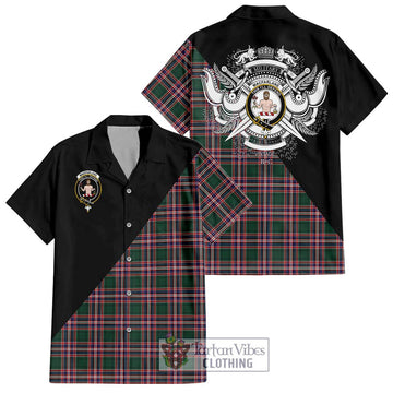 MacFarlane Hunting Modern Tartan Short Sleeve Button Shirt with Family Crest and Military Logo Style