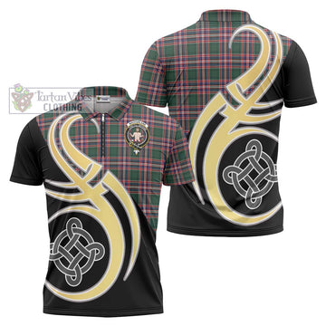 MacFarlane Hunting Modern Tartan Zipper Polo Shirt with Family Crest and Celtic Symbol Style