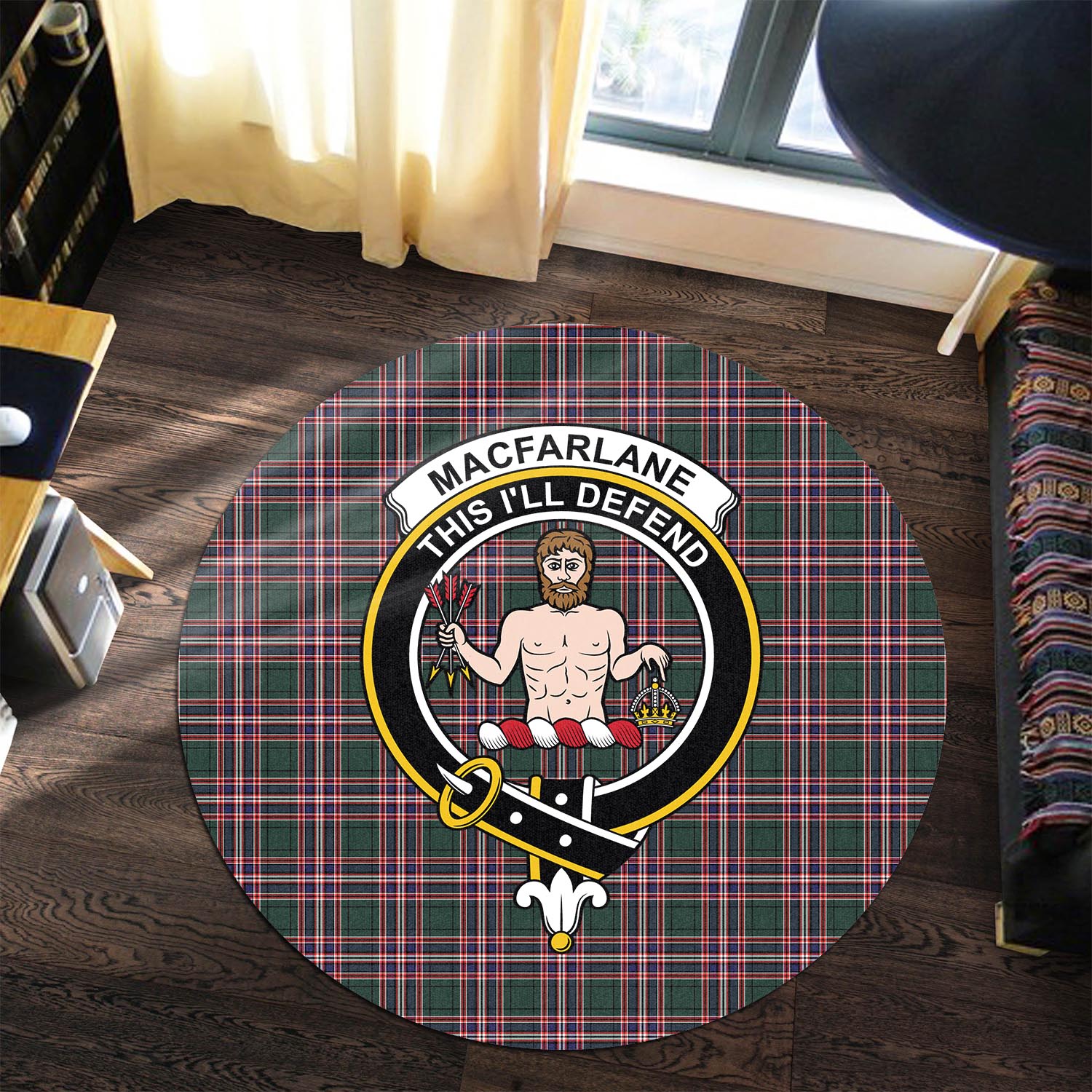 macfarlane-hunting-modern-tartan-round-rug-with-family-crest