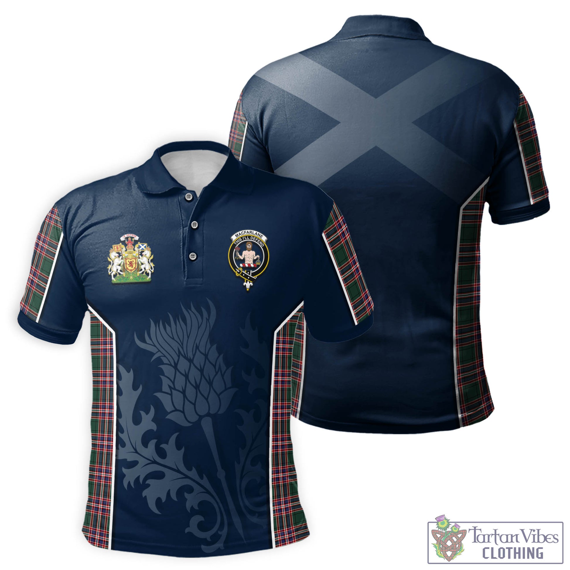 Tartan Vibes Clothing MacFarlane Hunting Modern Tartan Men's Polo Shirt with Family Crest and Scottish Thistle Vibes Sport Style