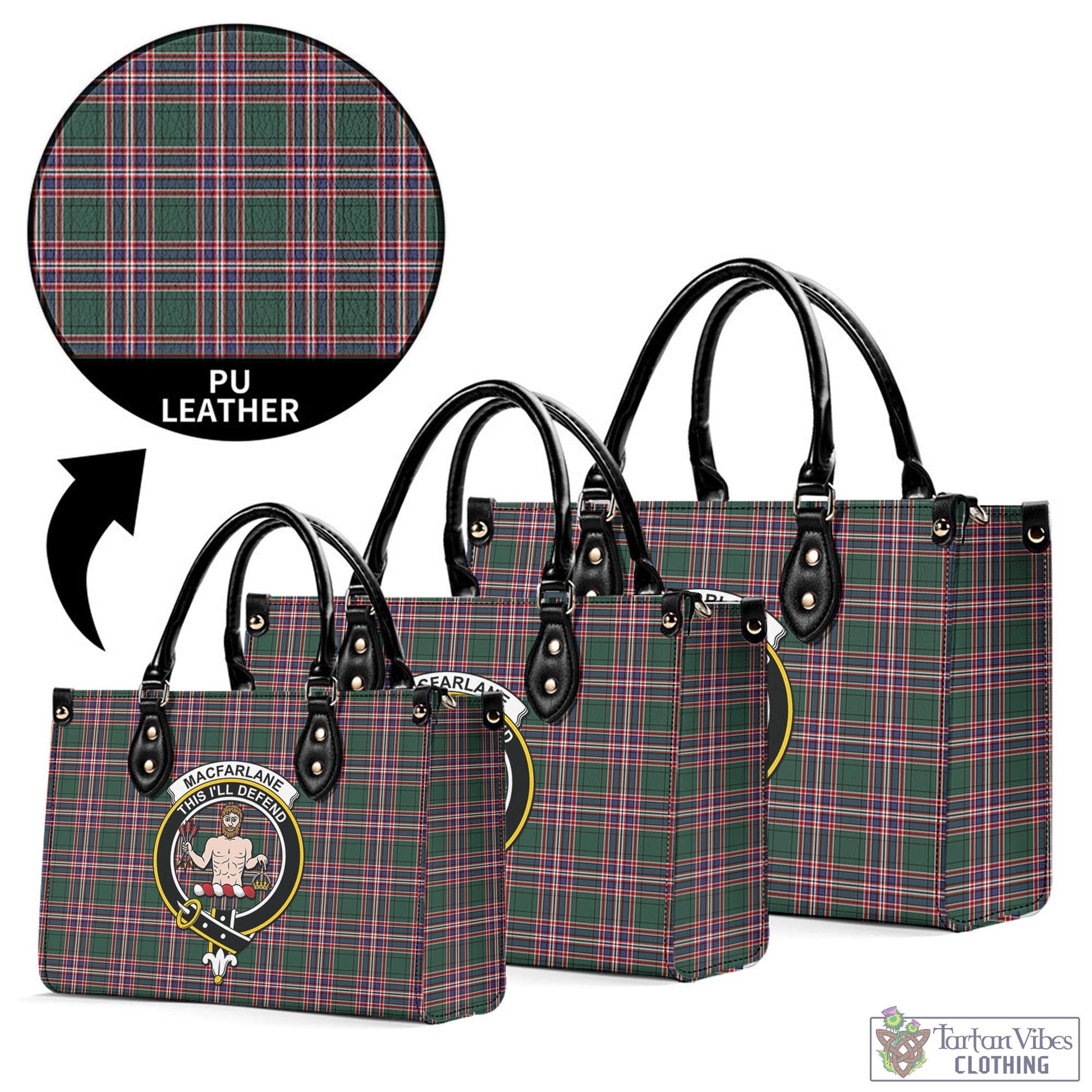 Tartan Vibes Clothing MacFarlane Hunting Modern Tartan Luxury Leather Handbags with Family Crest