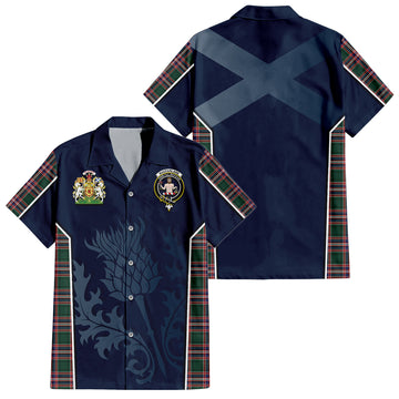 MacFarlane Hunting Modern Tartan Short Sleeve Button Up Shirt with Family Crest and Scottish Thistle Vibes Sport Style