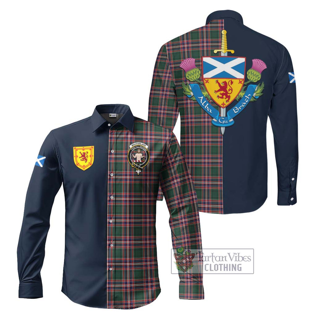 Tartan Vibes Clothing MacFarlane Hunting Modern Tartan Long Sleeve Button Shirt with Scottish Lion Royal Arm Half Style